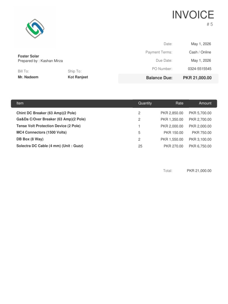 Mr Nadeem (Kot Ranjeet) Invoice - 5 | PDF