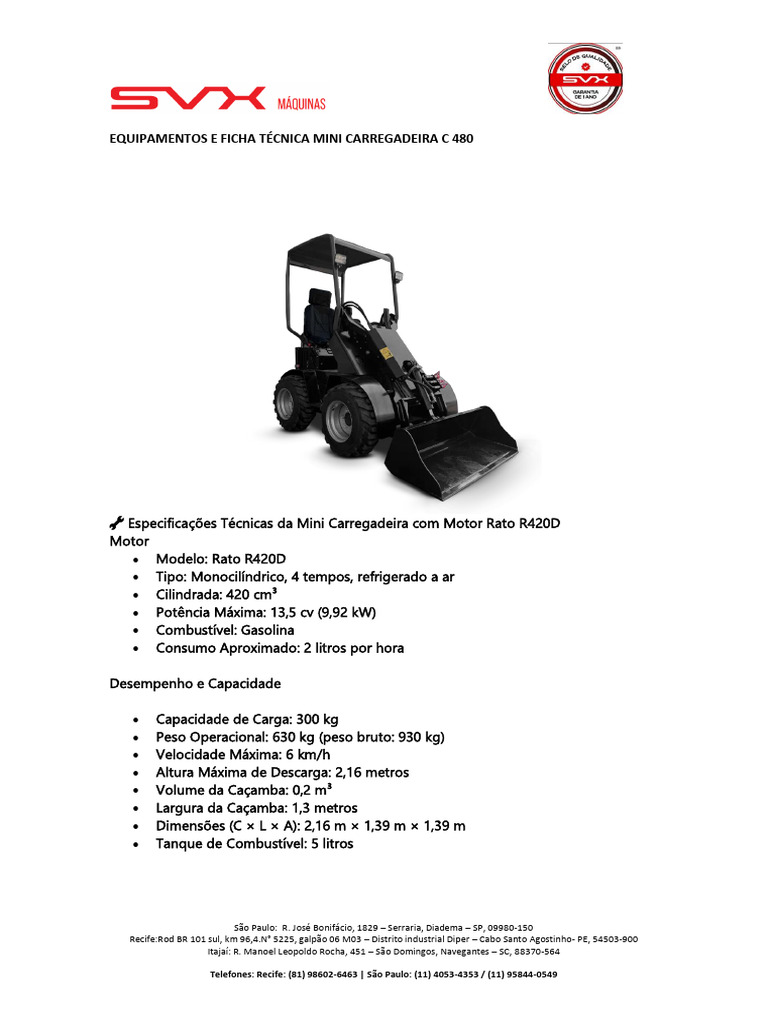 Ficha Técnica SVX Mini Carregadeira C 480 | PDF | Motores