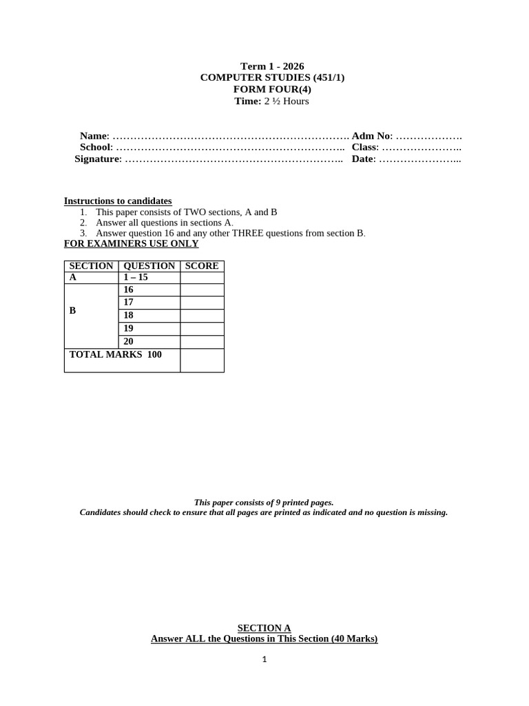 2026 Term 1 Computer Pp1 Form 4 Question Paper | PDF | Spreadsheet ...
