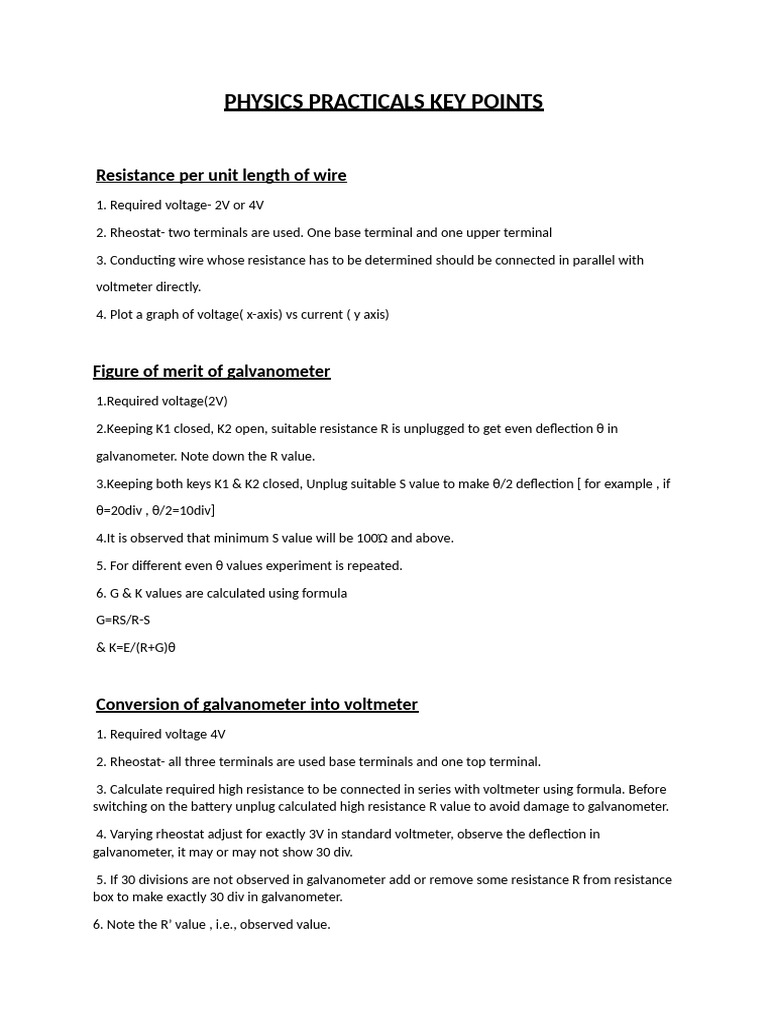 Physics Practical Keypoints | PDF | Electrical Resistance And ...