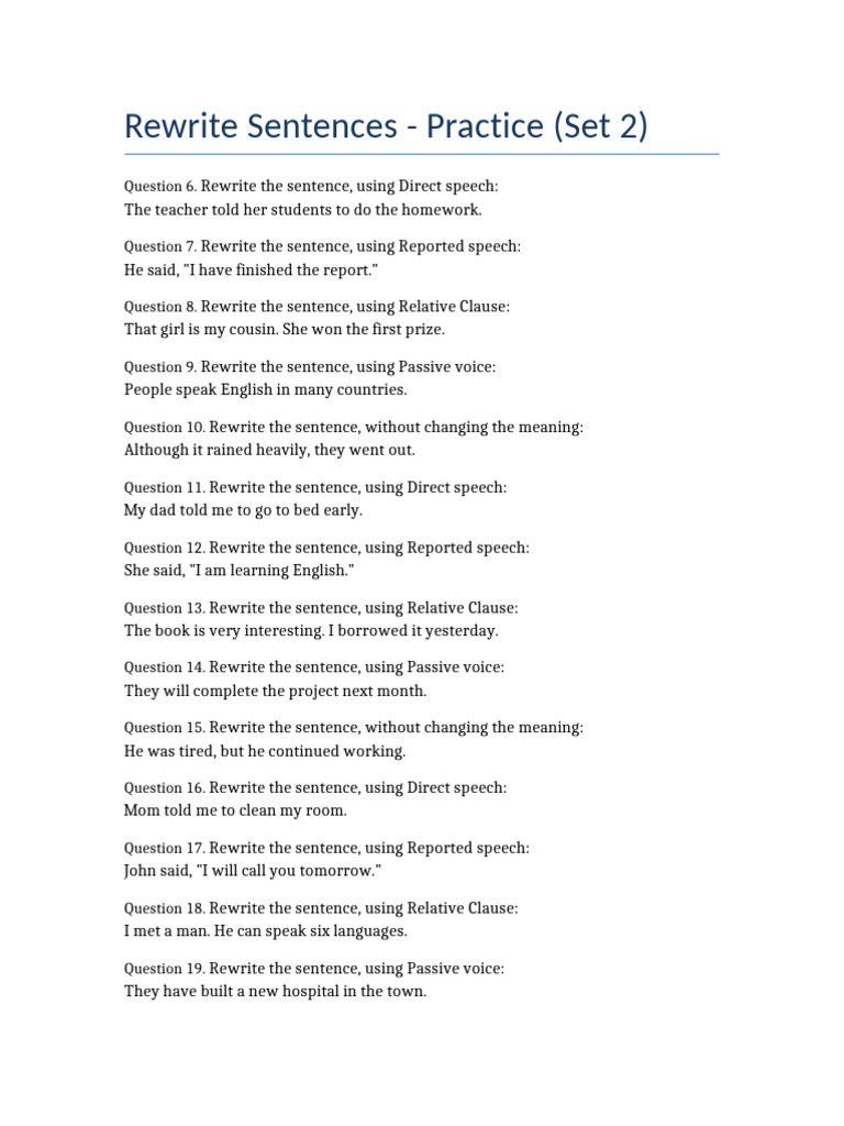 Rewrite Sentences Practice Set2 Questions | PDF