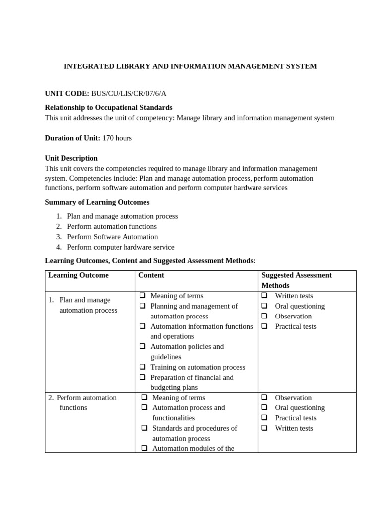 INTEGRATED LIBRARY AND INFORMATION MANAGEMENT SYSTEM curriculum | PDF ...
