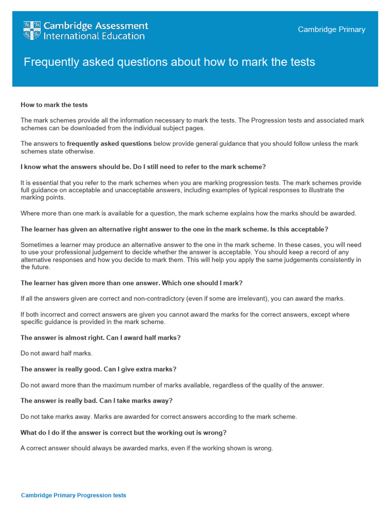 Frequently Asked Questions About Marking Cambridge Primary Progression ...