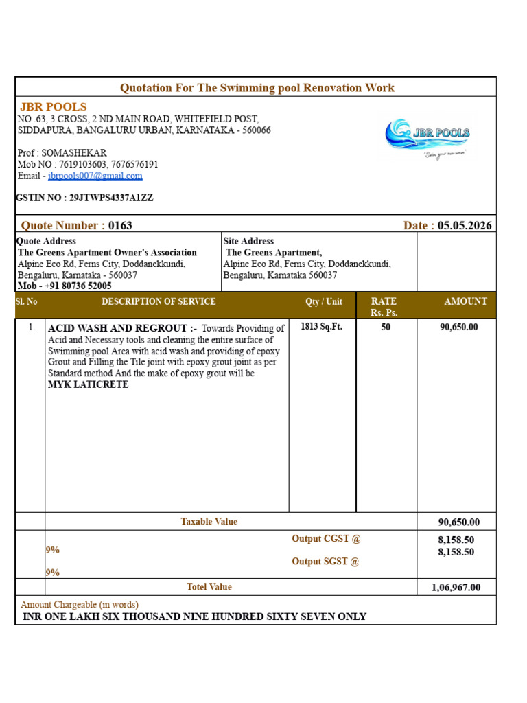 The Greens Apartment Swimming Pool Renovation Work Quotation | PDF ...