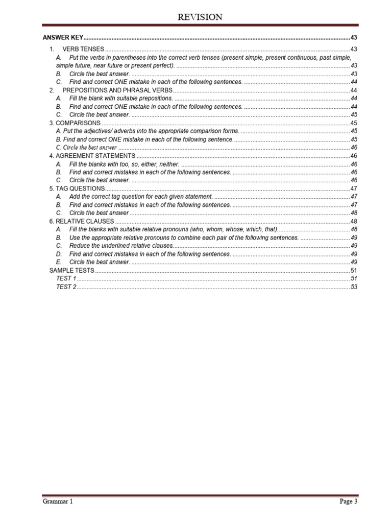 Grammar 1- REVISION -ANSWER KEY | PDF | Grammar | Language Mechanics