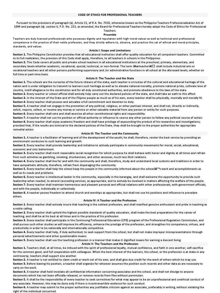 Code Of Ethics For Professional Teachers Pdf Profession Teachers