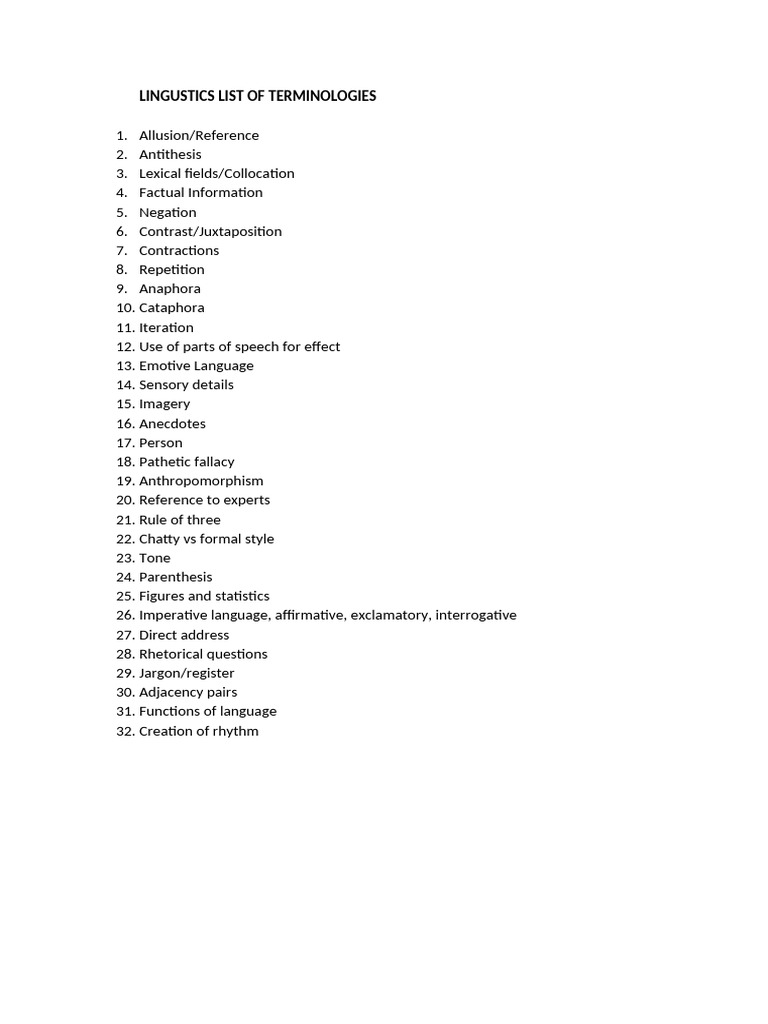 Lingustics List of Terminologies | PDF