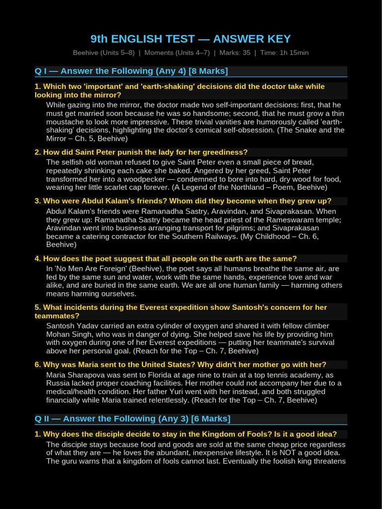 9th English Answers Dark | PDF