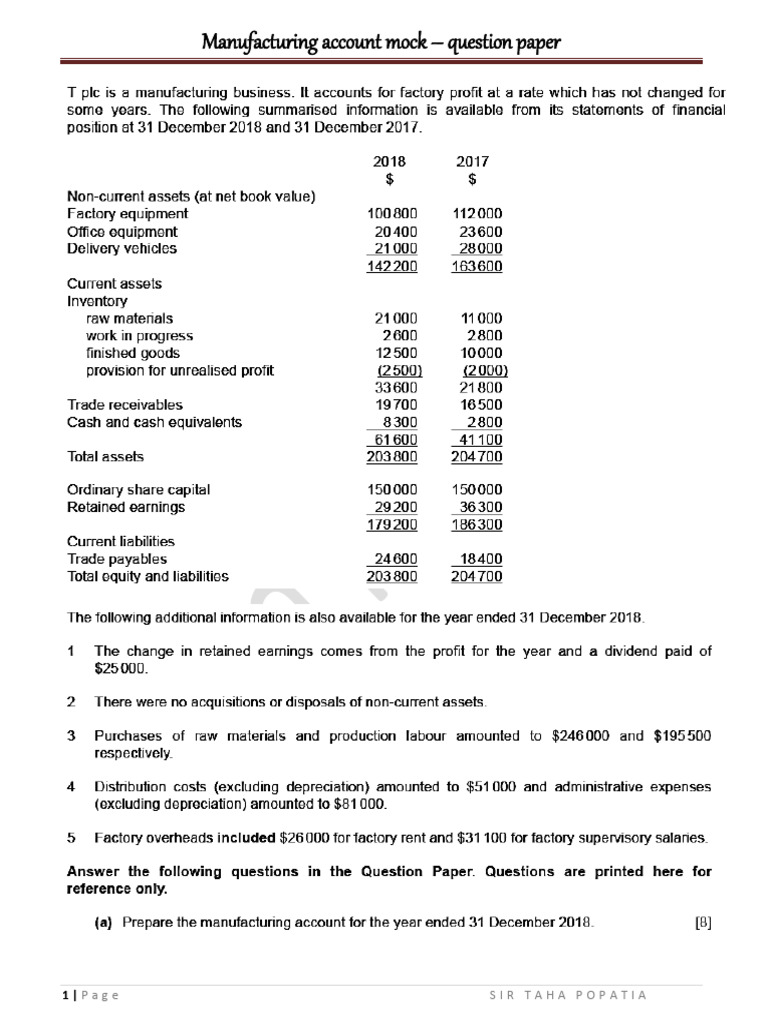 Manufacturing Account Mock - Question Paper | PDF