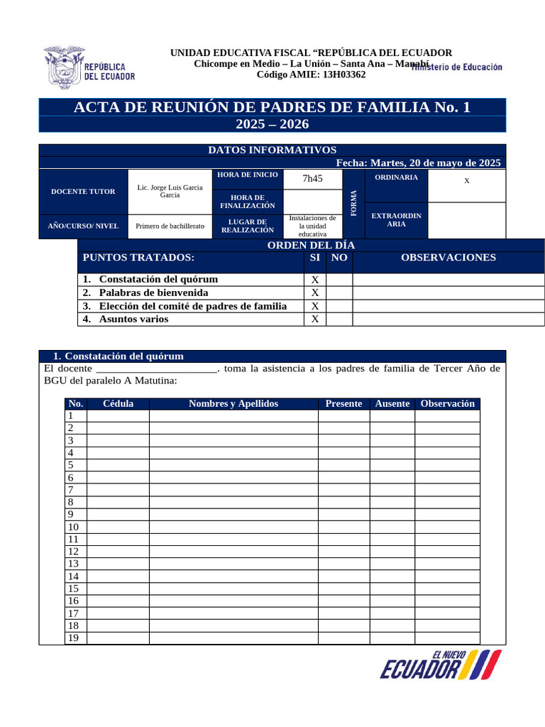 Acta de Reunión de Padres de Familia 1 de Bachillerato 2025-2026 | PDF ...