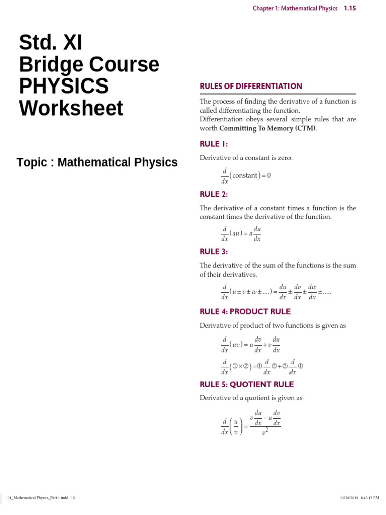 Mathematical Physics - Bridge Course Work Sheet | PDF | Slope | Tangent