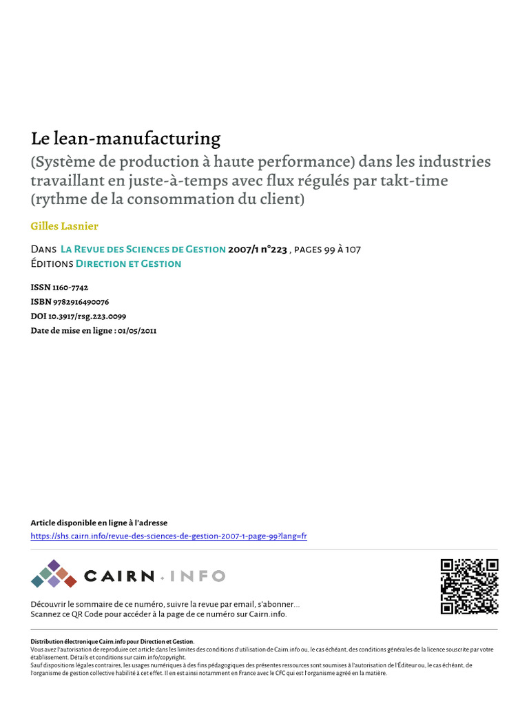 Lasnier 2007 Le Lean Manufacturing | PDF | Lean (production) | Secteur ...