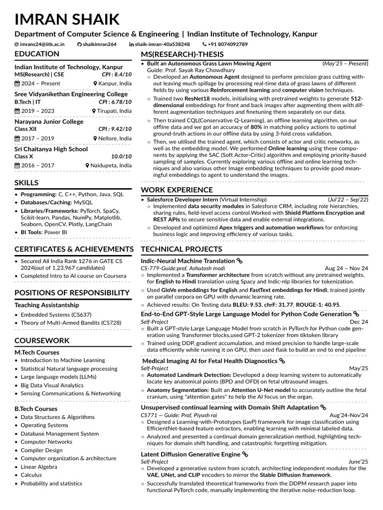 Imran Resume Template MS R IITK Single 1 f | PDF | Machine Learning ...