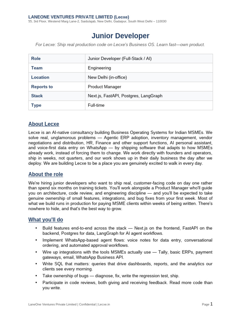 JD_JuniorDeveloper_Product | PDF | Postgre Sql | Sql