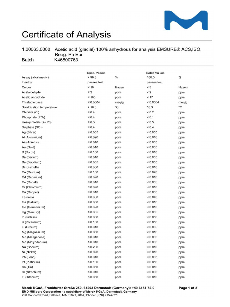 Àcido Acètico Glacial MERCK Ref 100063 Lote K46800763 (1) (1) | PDF