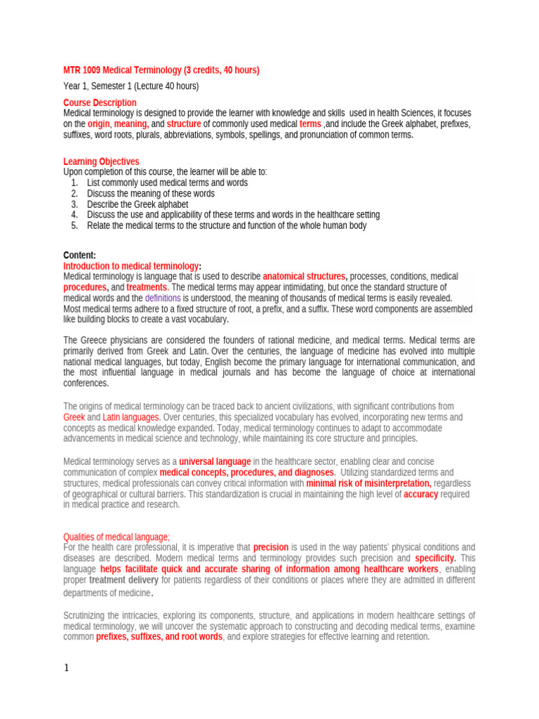 MTR 1009 Medical Terminology Note | PDF | Medicine | Lung