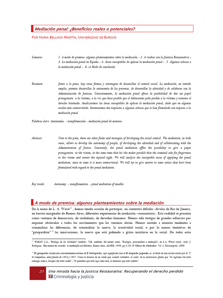 Belloso (2005) | PDF | Mediación | La justicia restaurativa