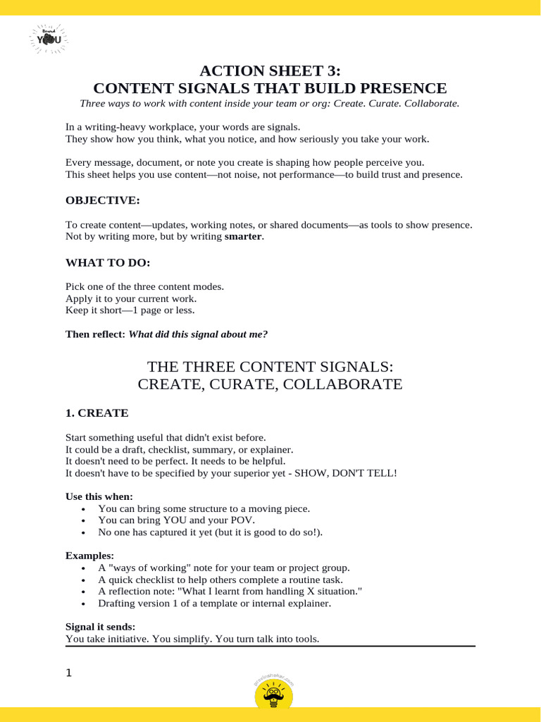 Action Sheet 3 Content Signals That Build Presence | PDF | Communication