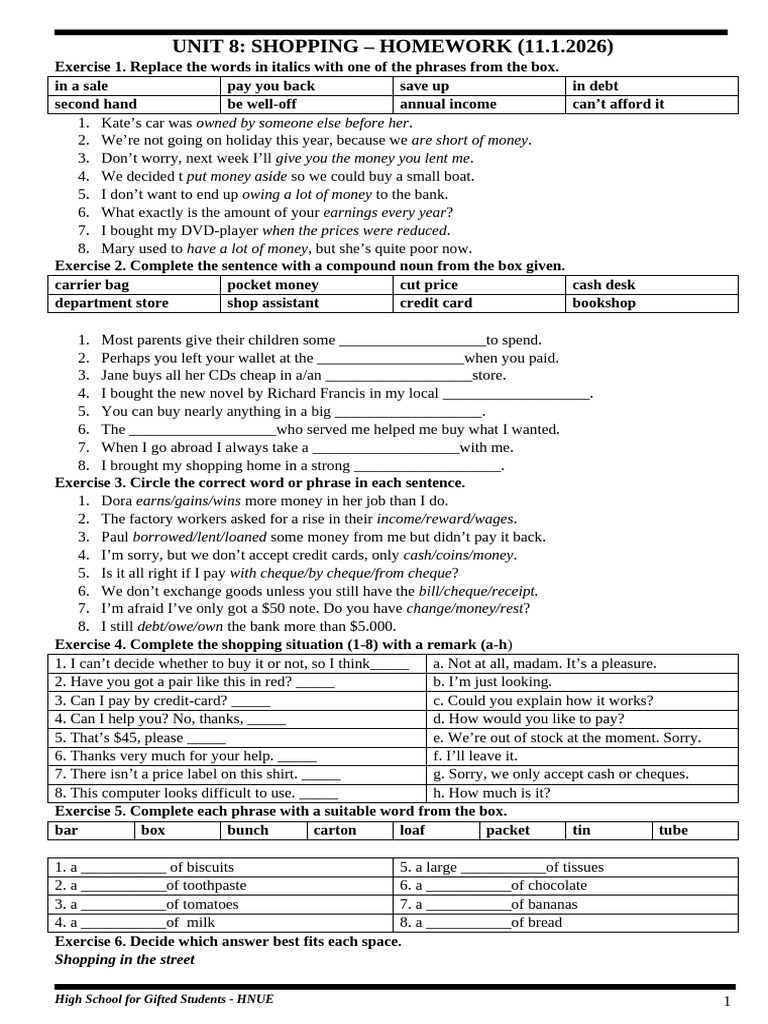 Unit 8 - Homework (11.1.2026) | PDF | Banks | Money