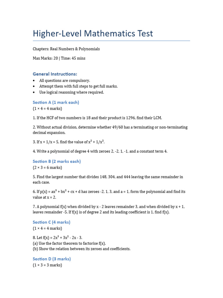 Higher Level Math Test Real Numbers and Polynomials | PDF