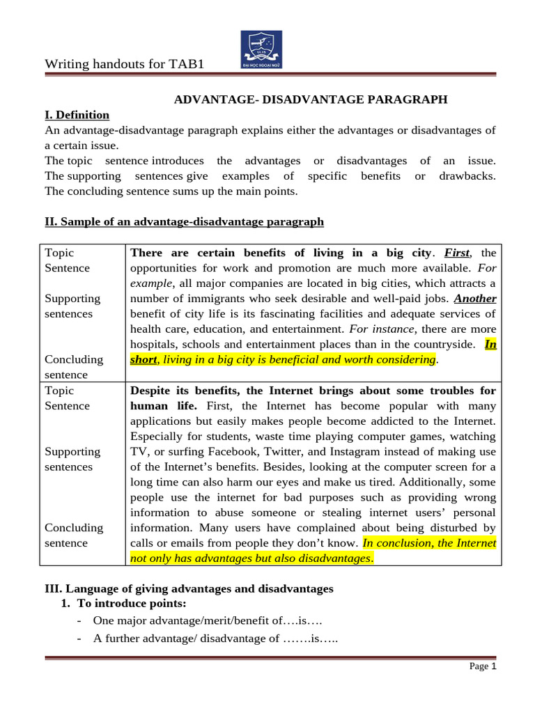 Writing Handout 5_AdvantageDisadvantageKey (2) | PDF | Internet | Human ...