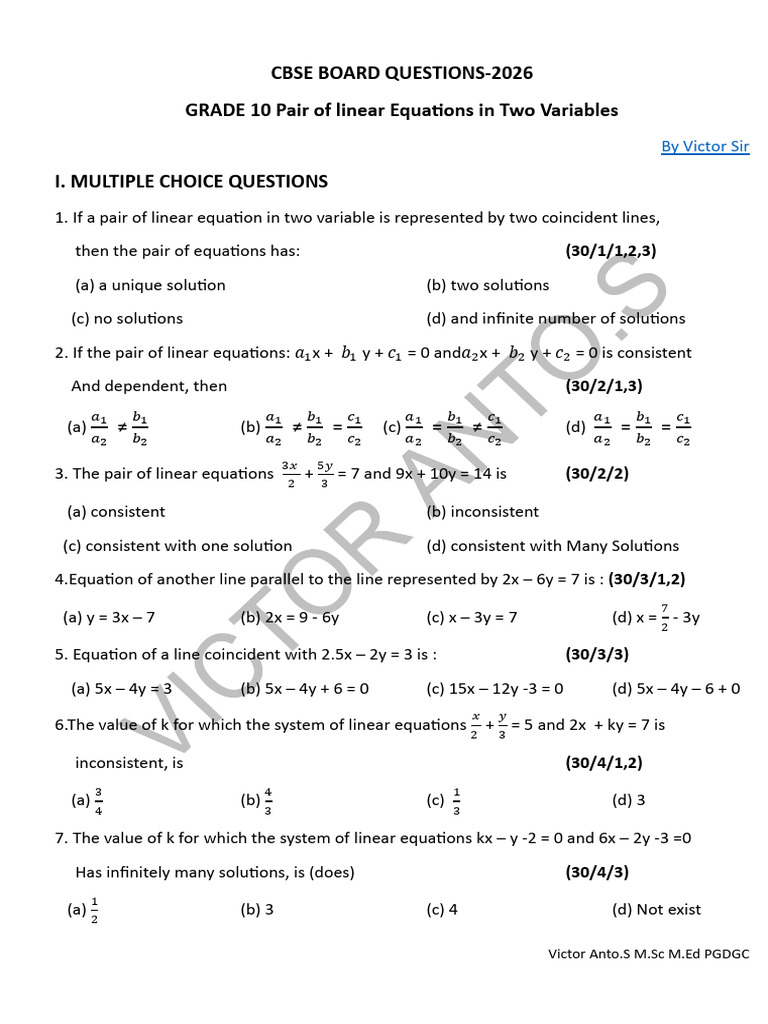 Pair of Linear Equations-2026-Board Questions by Victor Sir | PDF