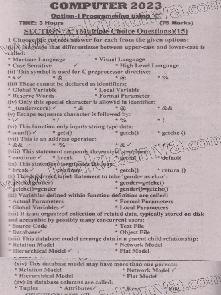 Past Paper 2023 Karachi Board Inter Part II Computer Science Objective ...