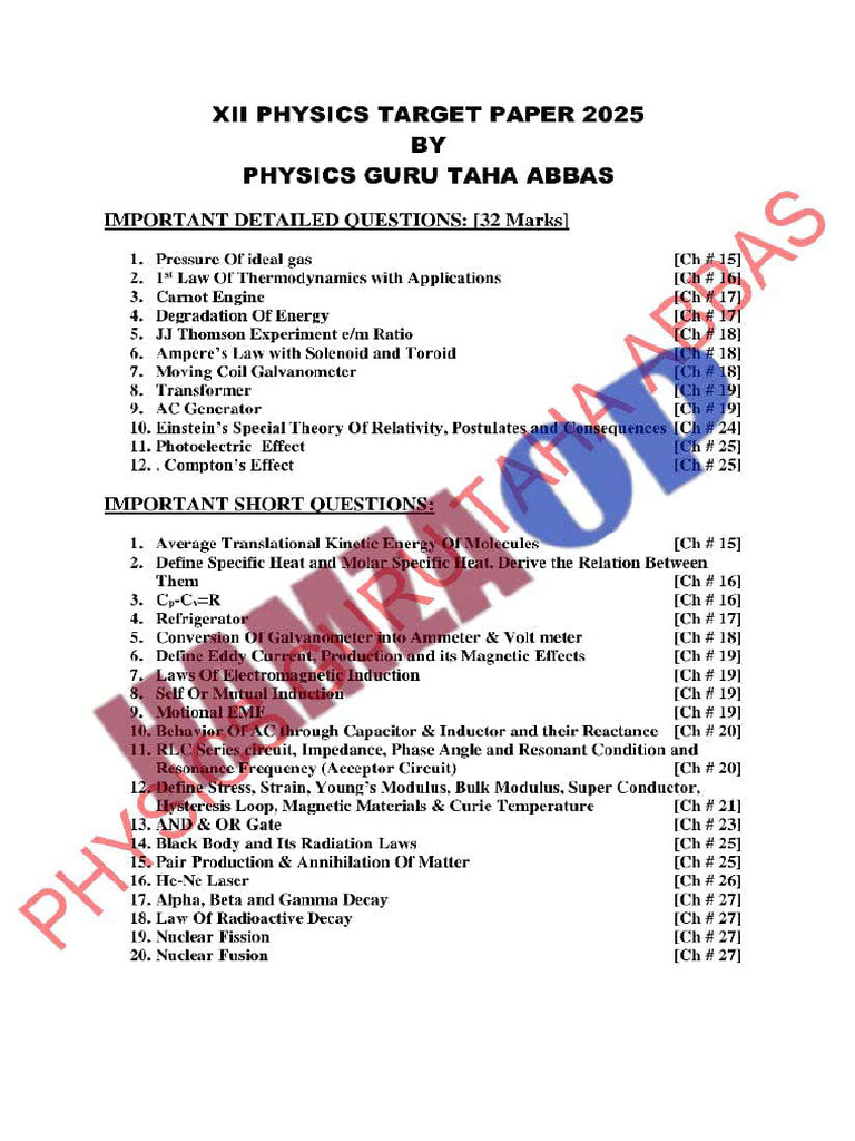 Xii - Physcis Target Paper 2025 - Hamza Op | PDF