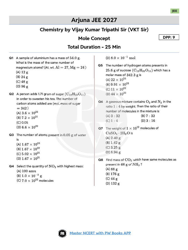 Mole Concept DPP 09 of Lec 10 Physical Chemistry by Vijay Kumar | PDF