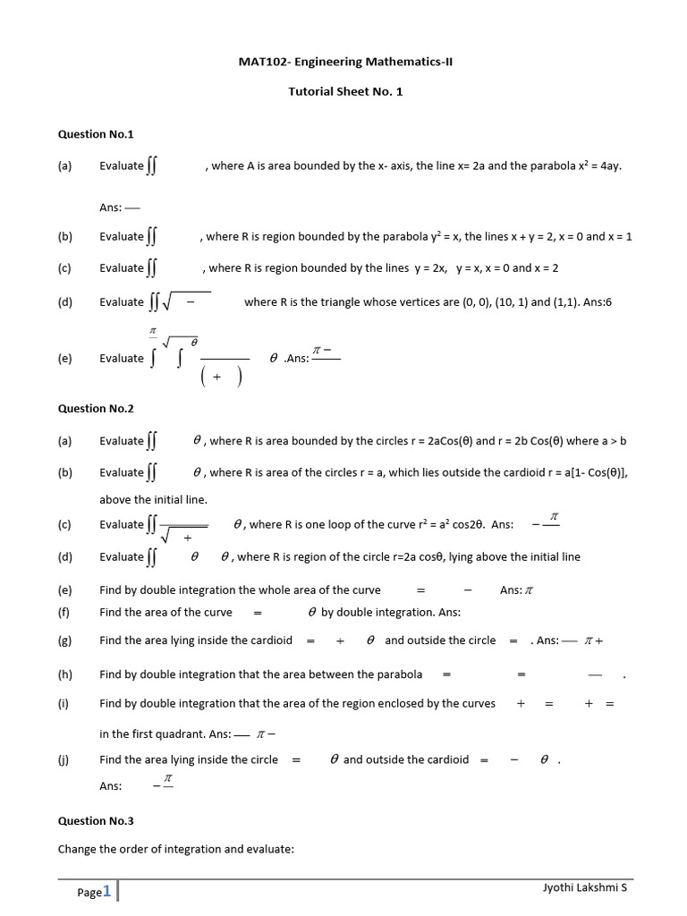 Tutorial Sheet No 1(Multiple Integral) | PDF | Area | Euclidean Plane ...