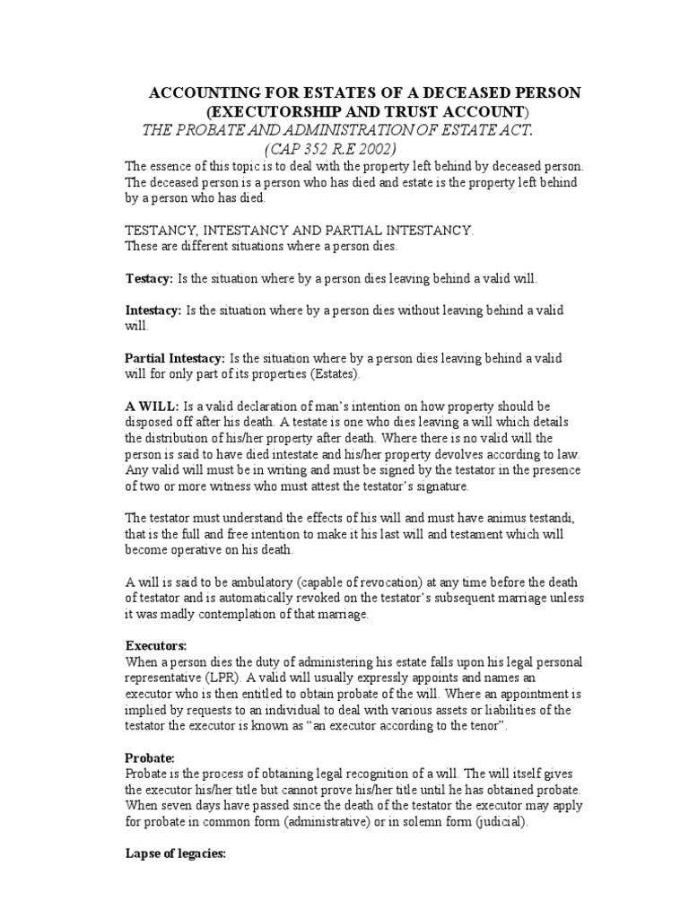 Accounting for Estates of a Deceased Person Will And Testament Probate