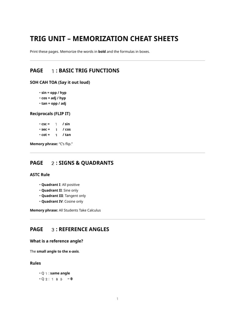 Trig Unit Memorization Cheat Sheets | PDF | Trigonometric Functions ...