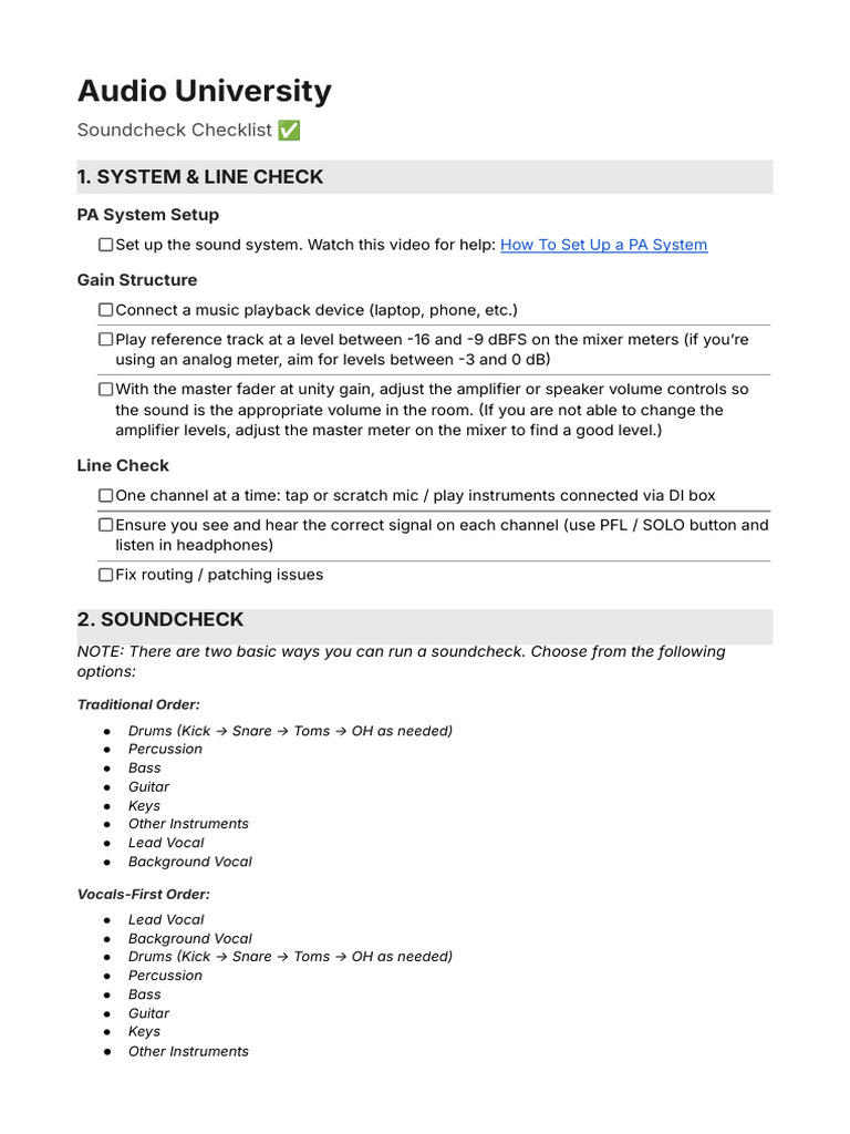 Audio University Soundcheck Checklist | PDF | Recording | Sound Technology