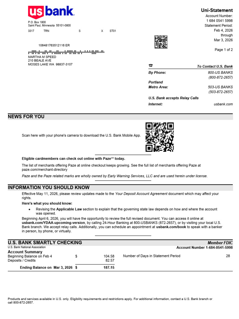 2026-03-03 Statement - USB Checking 5998 | PDF | Credit Card | Interest