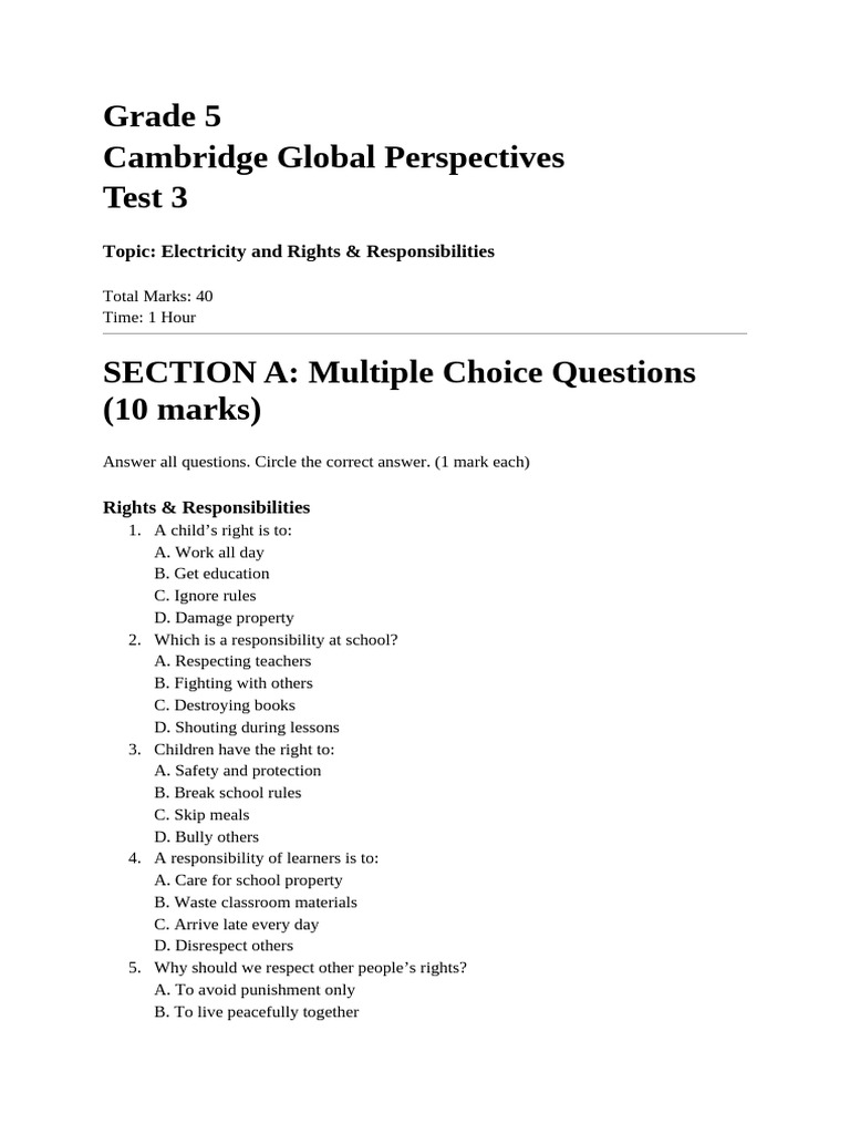 Test 3 Grade 5 Global | PDF | Electricity