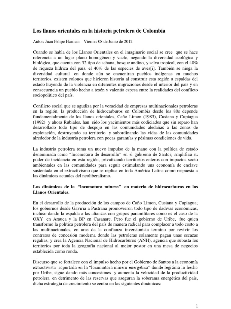 Historia y economía del petróleo en Llanos Orientales | PDF | Petróleo ...