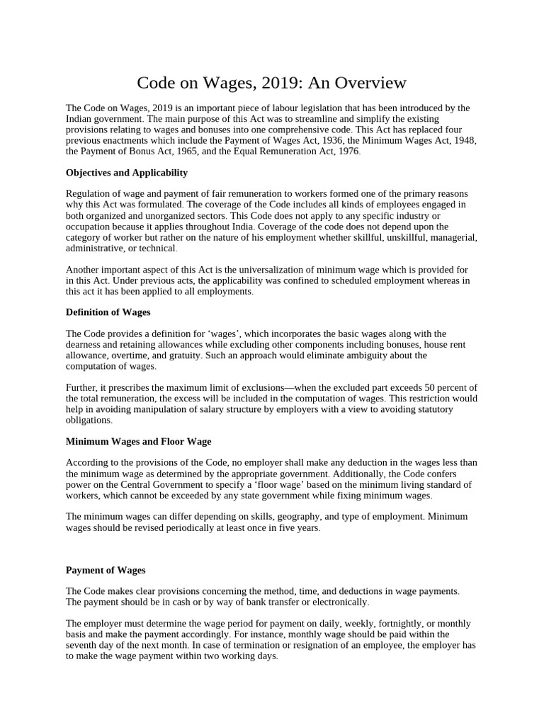Code on Wages, 2019_ an Overview | PDF | Employment | Wage