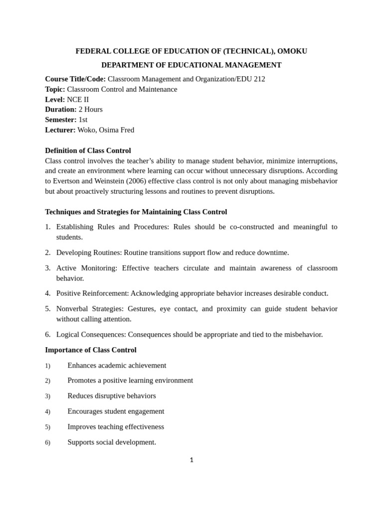 Lesson Note on Class Control and Maintenance | PDF | Classroom | Teachers
