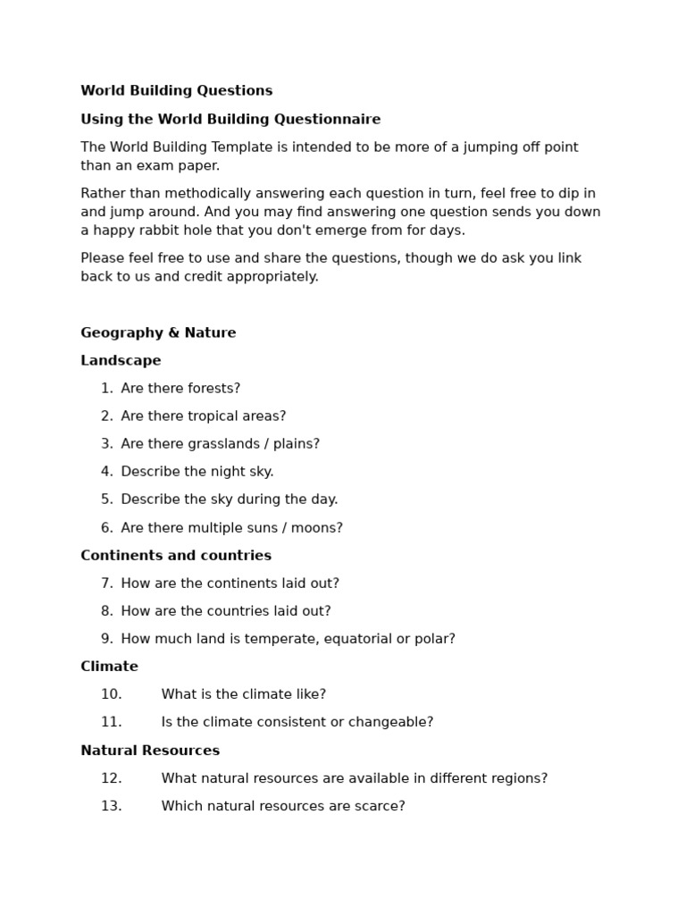 World Building Questions | PDF | Tropics