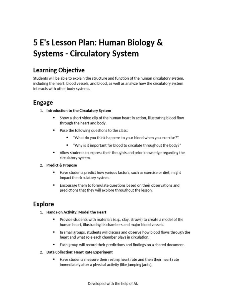 5 E's Lesson Plan on Human Circulatory System | PDF | Circulatory ...