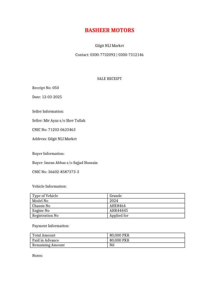 Designed Vehicle Receipt | PDF