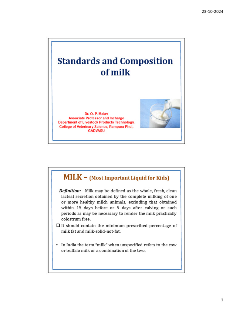 Standards and Composition of Milk | PDF | Milk | Chemistry