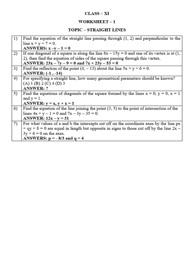 10. Straight Lines - Worksheet | PDF