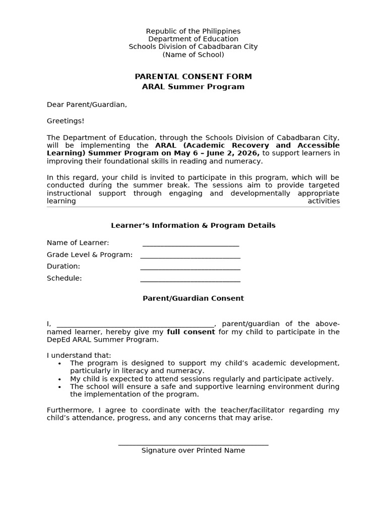 Parental Consent Form Aral Summer Program | PDF
