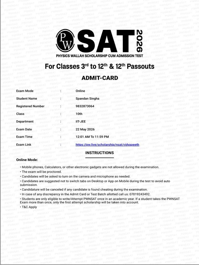 Pwsat Jee Amit Card | PDF