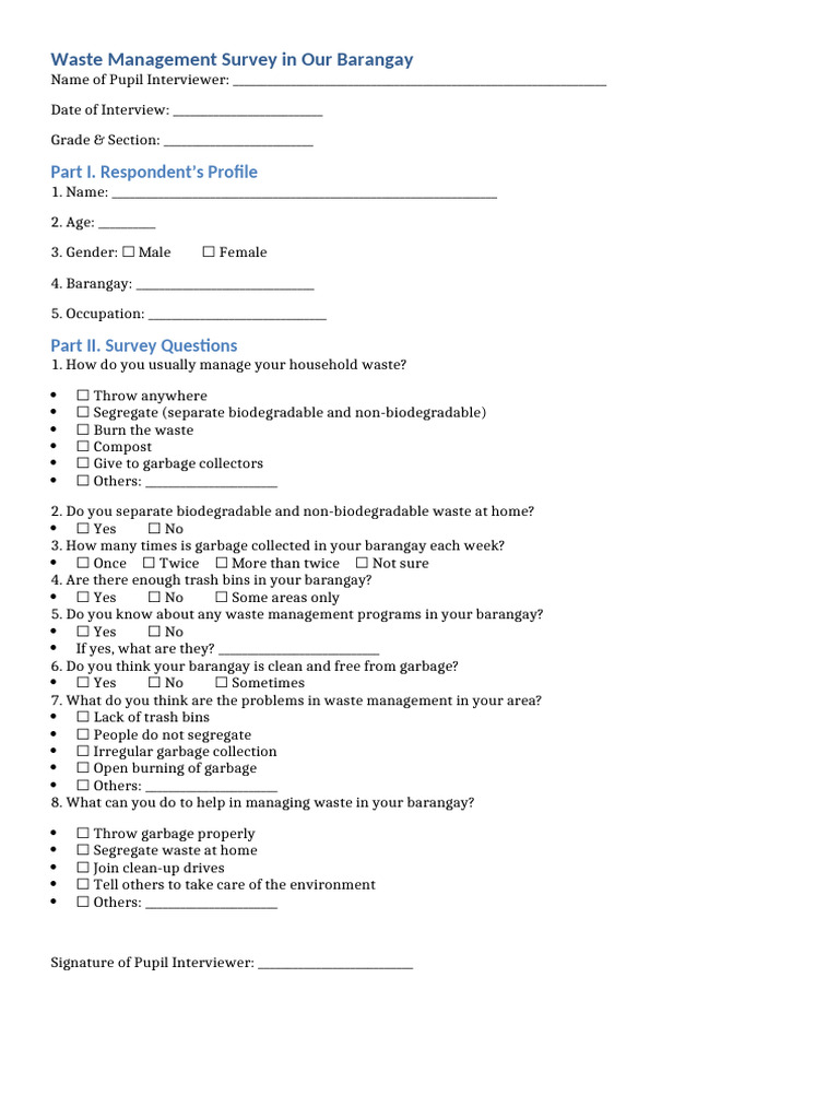Waste Management Survey Form | PDF