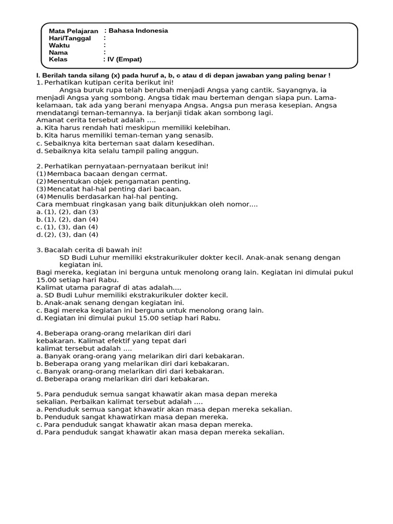 Soal PTS Bahasa Indonesia Kelas 4 Semester 2 Kurikulum Merdeka T.a 2022 ...