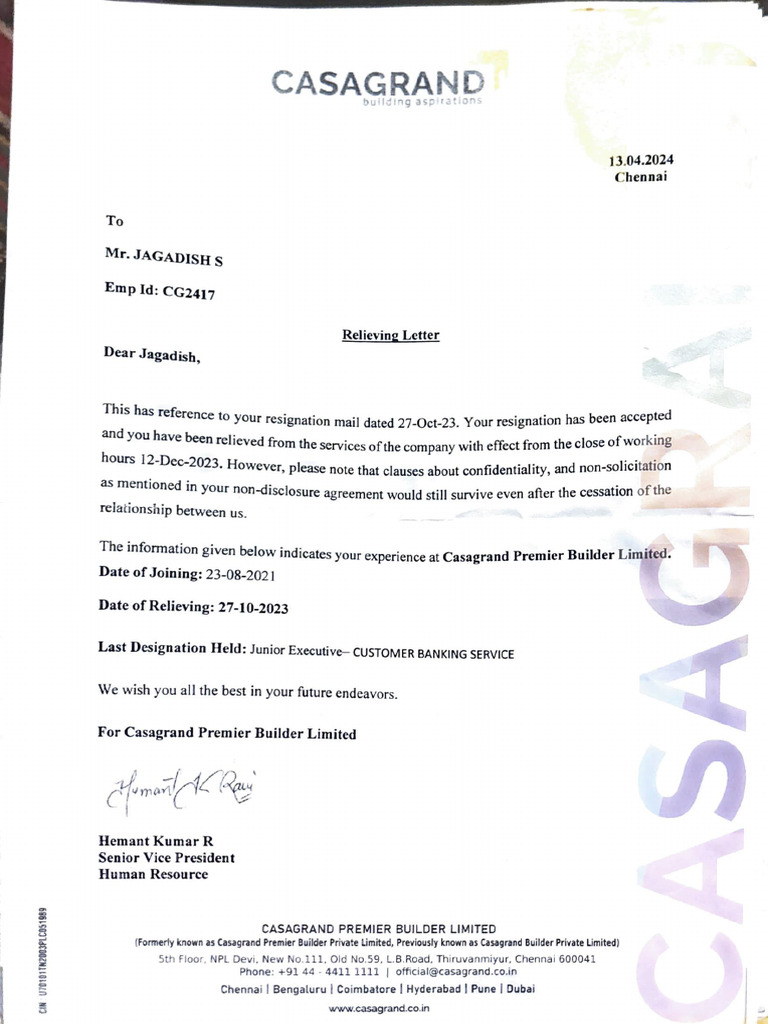 Casagrand Reliving Letter | PDF