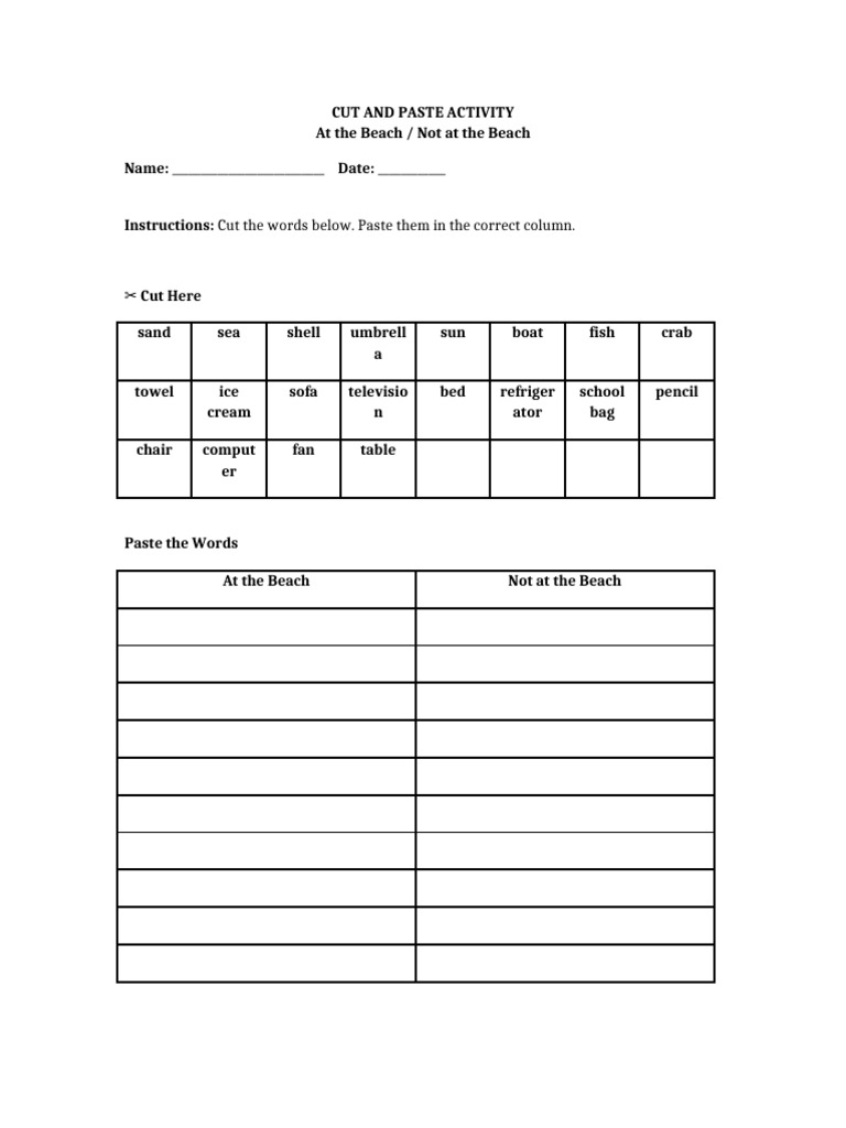 Beach Cut and Paste Worksheet | PDF