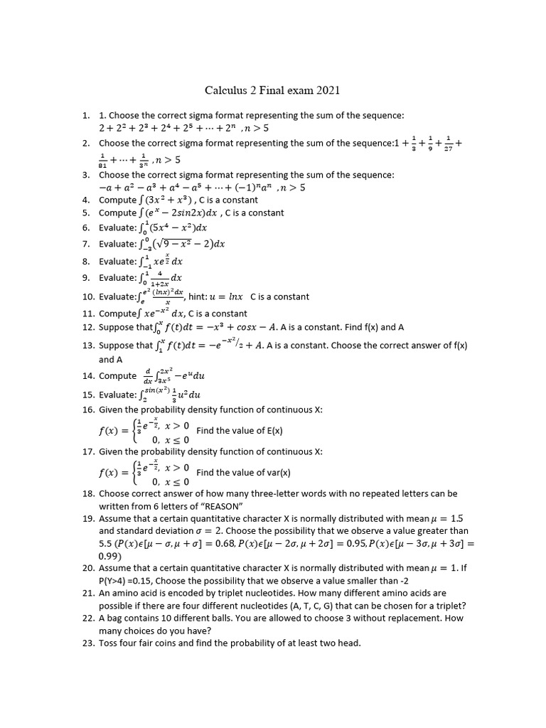 Calculus 2 Final Exam 2021 | PDF | Probability Theory | Normal Distribution